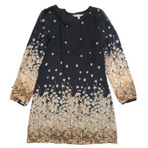 Yumi UK Black Nude Floral Border Chiffon Long Sleeve Mini Dress US M 6/8